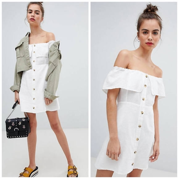 asos Pull&Bear Off Shoulder Ruffle Button Down Linen Dress in Honeycomb Gold - Picture 2 of 12